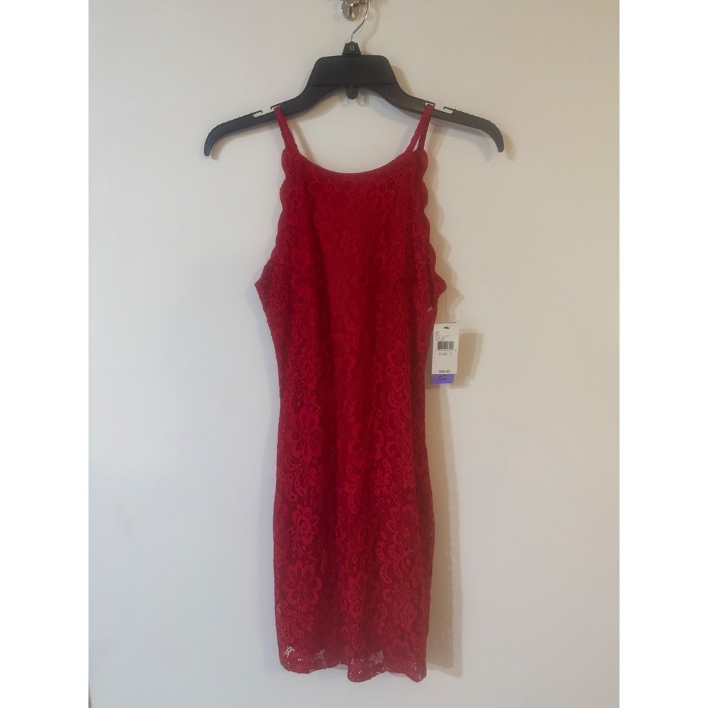 BCX Dress Womens Red Floral Lace Halter Neck Bodycon Mini Dress Size 7